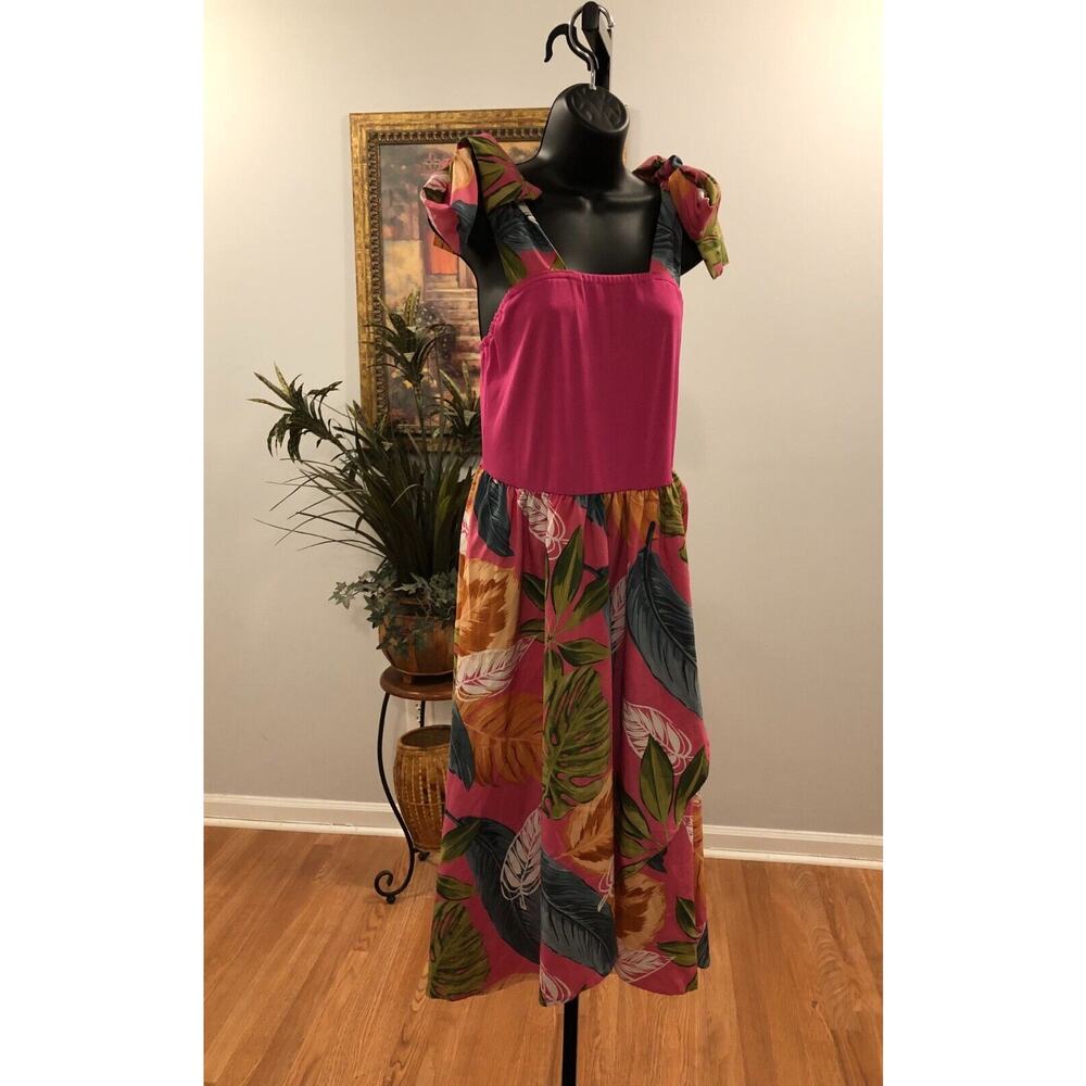 Women's Dress Pink Leaf Print Faux Wrap Sleeveless Knee Length Tie Shoulder